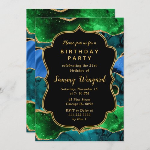 Blue and Green Peacock Agate Birthday Invitation