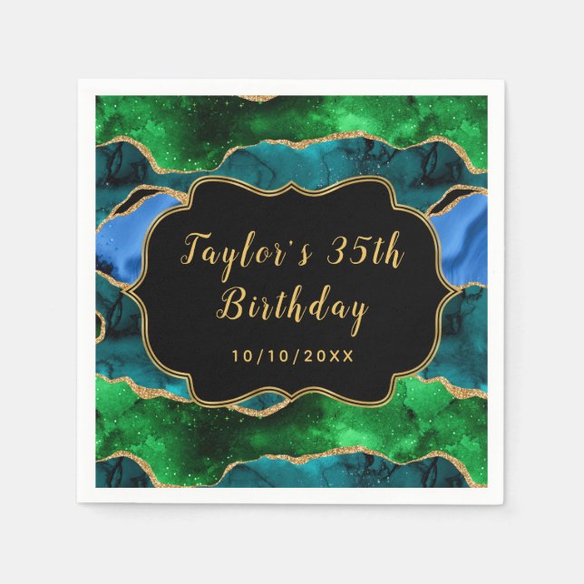 Blue and Green Peacock Agate Birthday Napkins (Front)