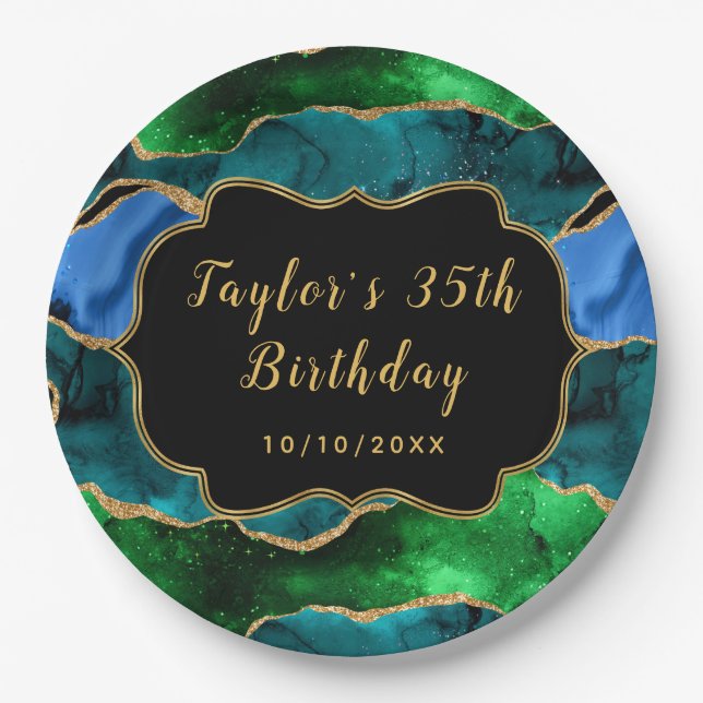 Blue and Green Peacock Agate Birthday Paper Plates (Front)