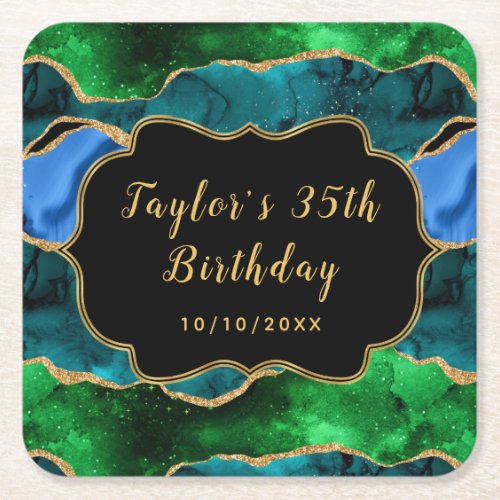 Blue and Green Peacock Agate Birthday Square Paper Coaster