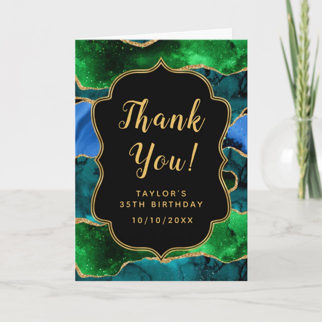 Blue and Green Peacock Agate Birthday Thank You Card (Front)