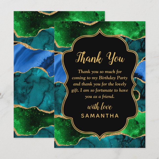 Blue and Green Peacock Agate Birthday Thank You Card (Front/Back)