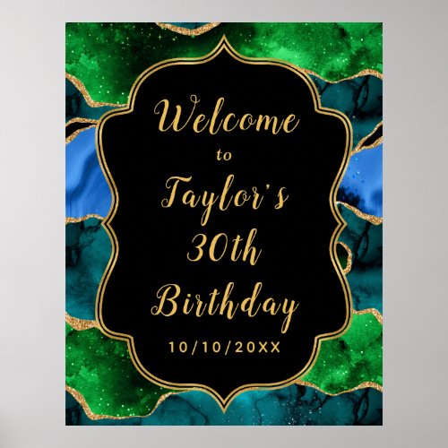 Blue and Green Peacock Agate Birthday Welcome Poster