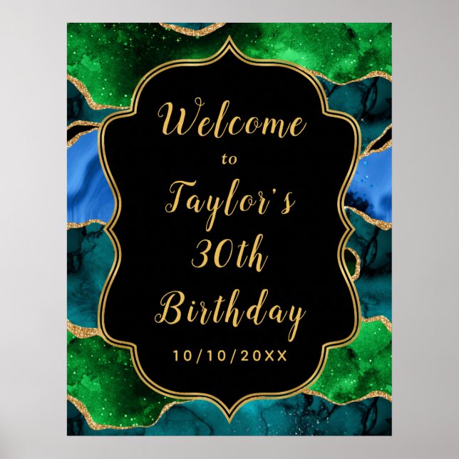 Blue and Green Peacock Agate Birthday Welcome Poster (Front)
