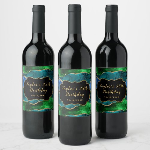 Blue and Green Peacock Agate Birthday Wine Label