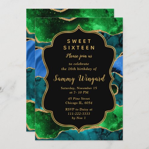 Blue and Green Peacock Agate Sweet Sixteen Invitation