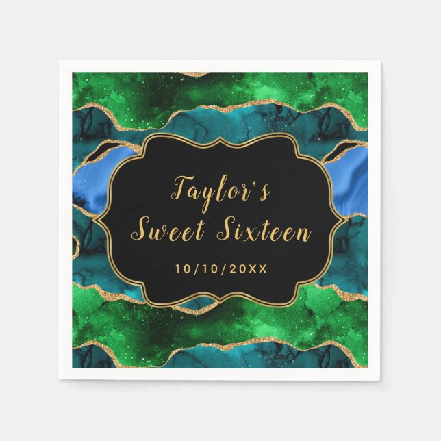 Blue and Green Peacock Agate Sweet Sixteen Napkins (Front)