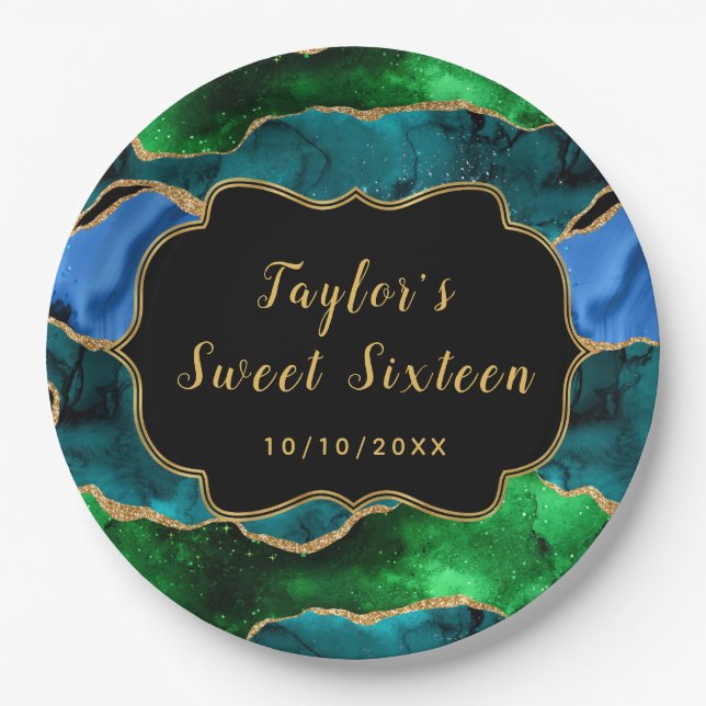 Blue and Green Peacock Agate Sweet Sixteen Paper Plates (Front)