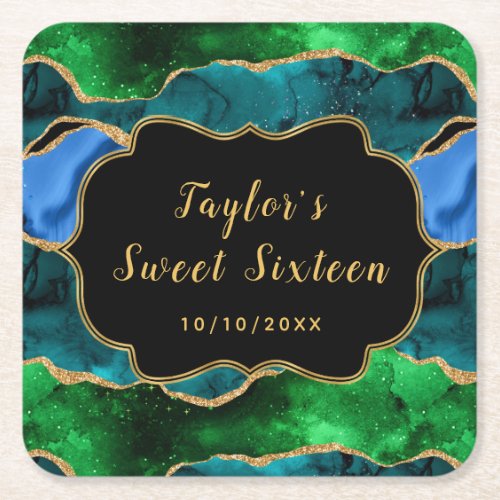 Blue and Green Peacock Agate Sweet Sixteen Square Paper Coaster