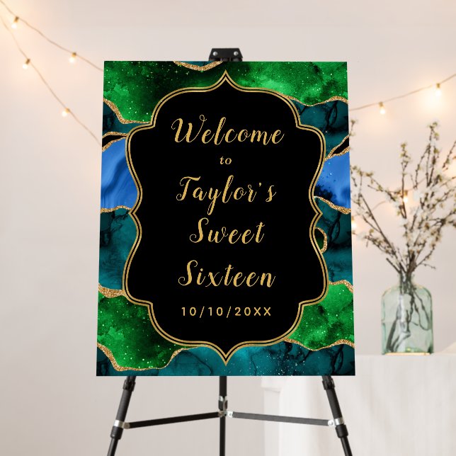 Blue and Green Peacock Agate Sweet Sixteen Welcome Foam Board (In Situ (Stand))