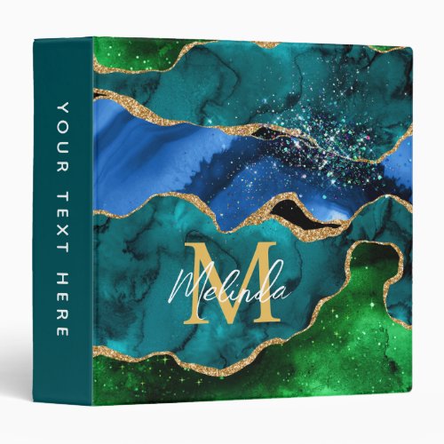 Blue and Green Peacock Faux Glitter Agate 3 Ring Binder