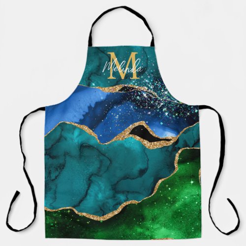 Blue and Green Peacock Faux Glitter Agate Apron