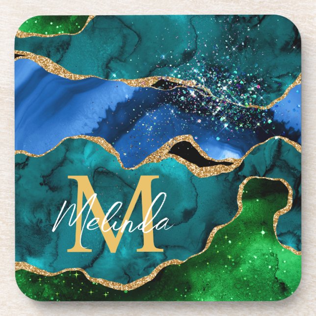 Blue and Green Peacock Faux Glitter Agate Beverage Coaster (Front)