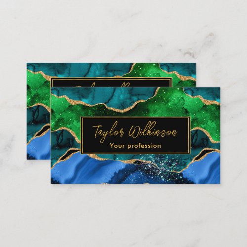 Blue and Green Peacock Faux Glitter Agate Business Card