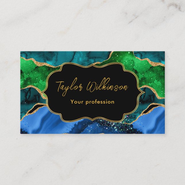 Blue and Green Peacock Faux Glitter Agate Business Card (Front)