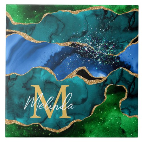 Blue and Green Peacock Faux Glitter Agate Ceramic Tile