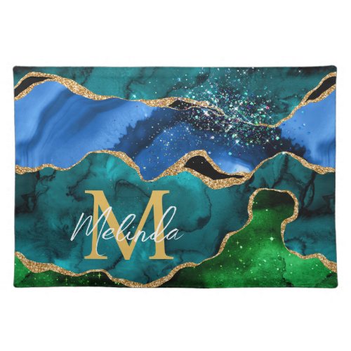 Blue and Green Peacock Faux Glitter Agate Cloth Placemat