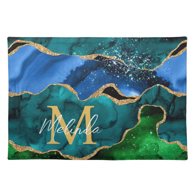 Blue and Green Peacock Faux Glitter Agate Cloth Placemat (Front)