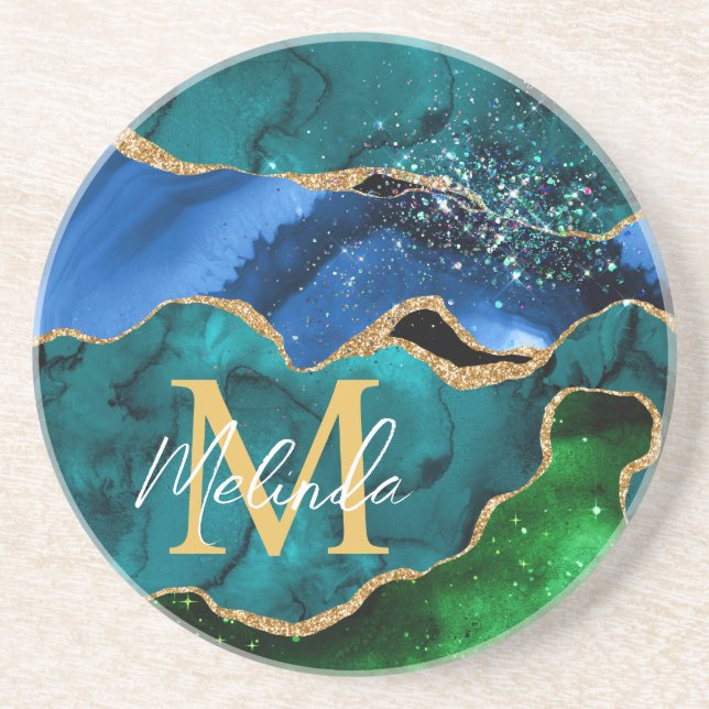 Blue and Green Peacock Faux Glitter Agate Coaster (Front)