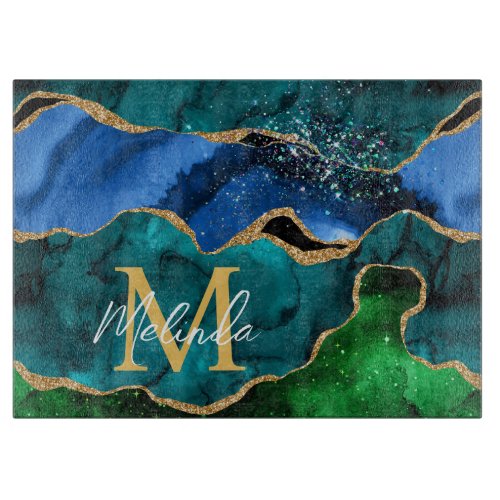Blue and Green Peacock Faux Glitter Agate Cutting Board
