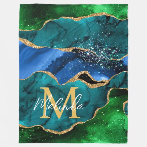 Blue and Green Peacock Faux Glitter Agate Fleece Blanket