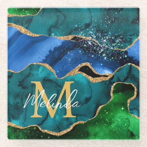 Blue and Green Peacock Faux Glitter Agate Glass Coaster