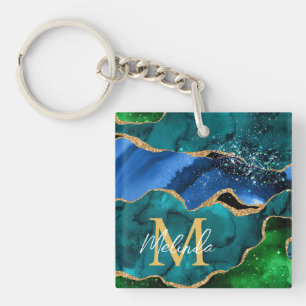 Blue and Green Peacock Faux Glitter Agate Keychain