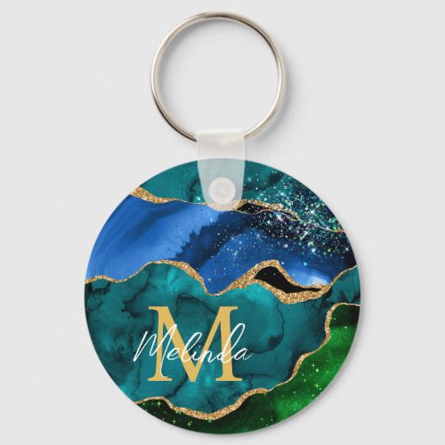 Blue and Green Peacock Faux Glitter Agate Keychain