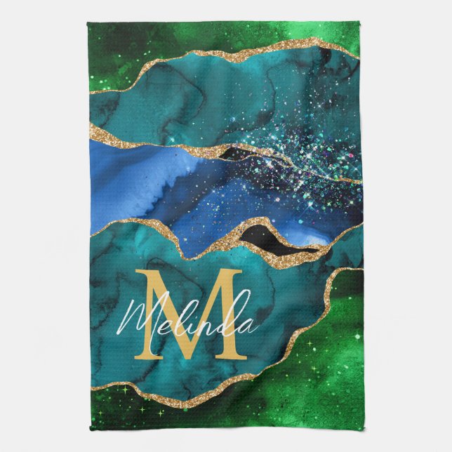 Blue and Green Peacock Faux Glitter Agate Kitchen Towel (Vertical)