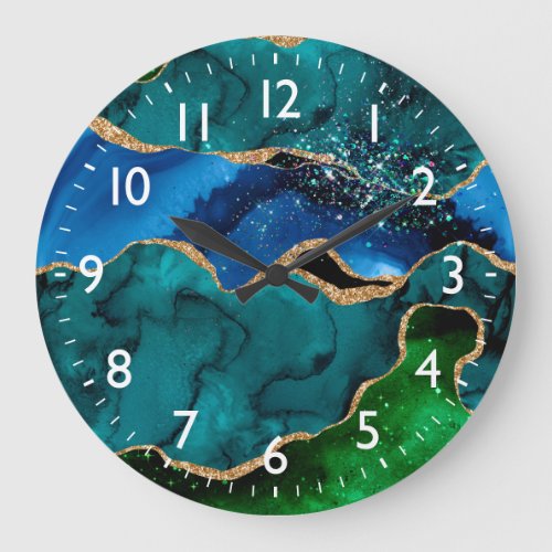 Blue and Green Peacock Faux Glitter Agate Large Clock