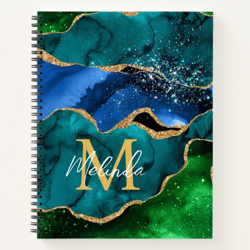 Blue and Green Peacock Faux Glitter Agate Notebook