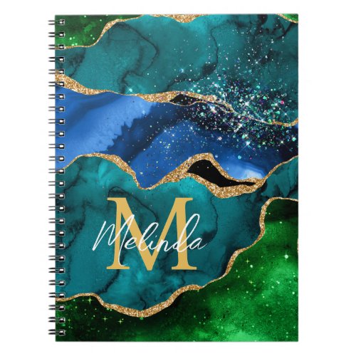 Blue and Green Peacock Faux Glitter Agate Notebook