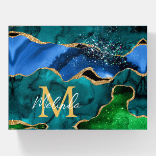 Blue and Green Peacock Faux Glitter Agate Paperweight