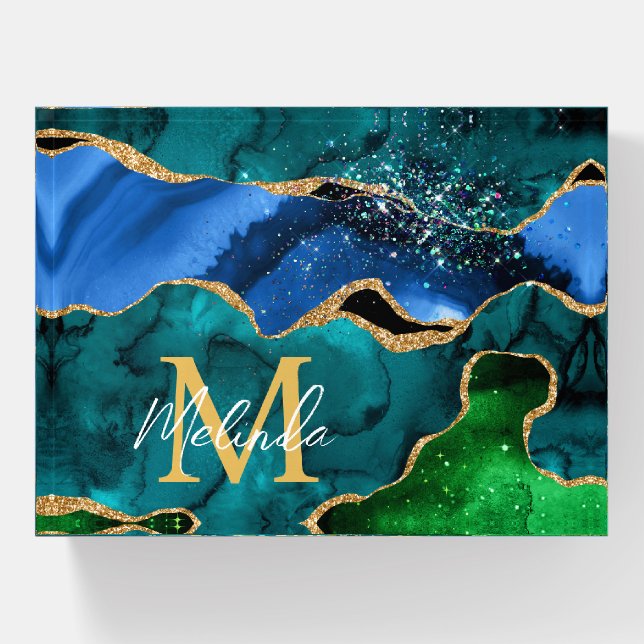 Blue and Green Peacock Faux Glitter Agate Paperweight (Front)