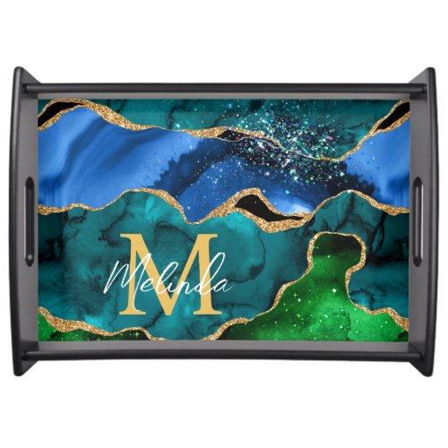 Blue and Green Peacock Faux Glitter Agate Serving Tray