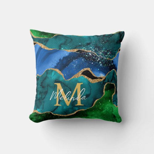 Blue and Green Peacock Faux Glitter Agate Throw Pillow