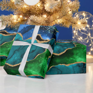Blue and Green Peacock Faux Glitter Agate Wrapping Paper