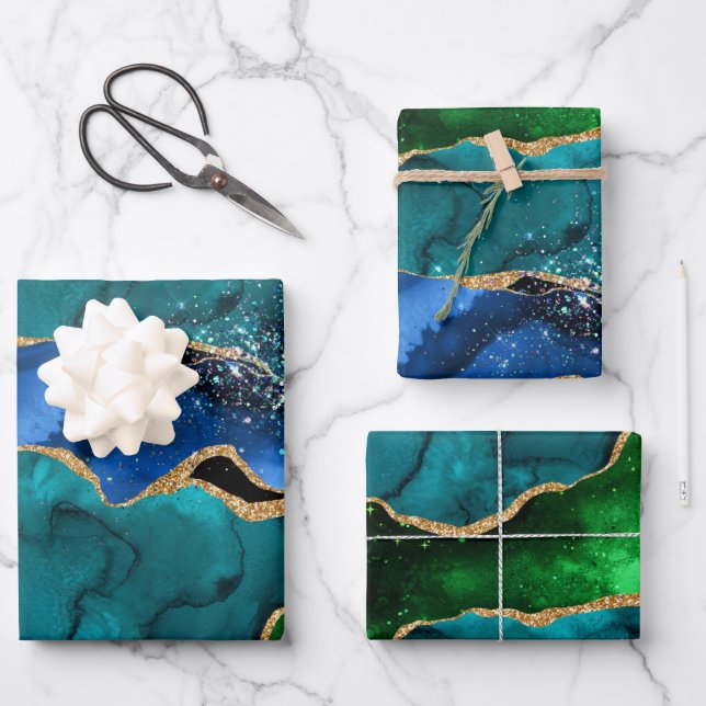 Blue and Green Peacock Faux Glitter Agate Wrapping Paper Sheets (Front)