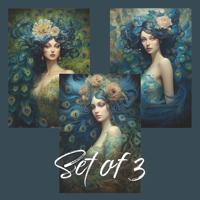 Blue and Green Peacock Feathers a Woman's Portrait Wrapping Paper Sheets (Creator Uploaded)