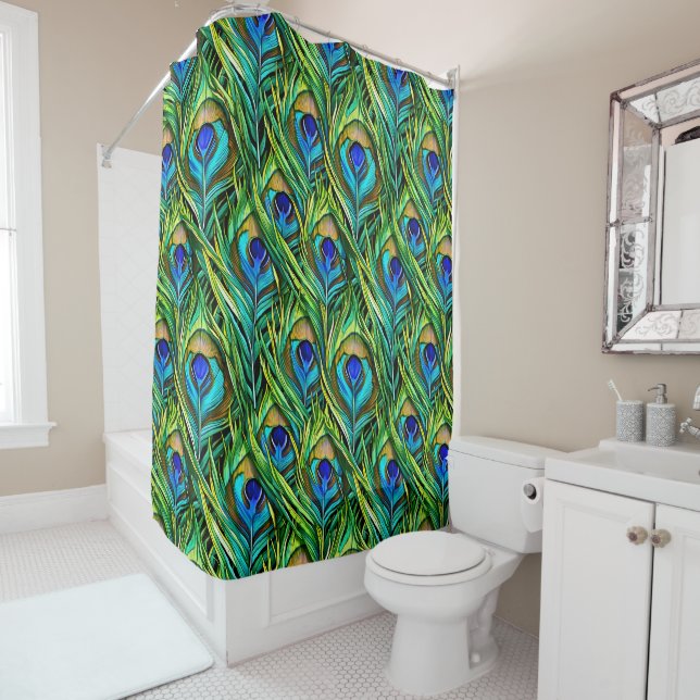 Blue and Green Peacock Feathers Collage Shower Curtain (In Situ)