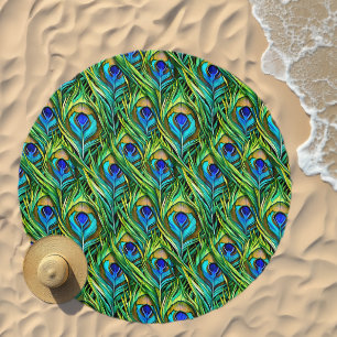 Blue and Green Peacock Feathers Pattern Beach Towel