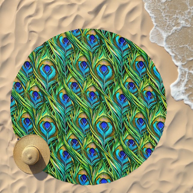 Blue and Green Peacock Feathers Pattern Beach Towel (Beach)
