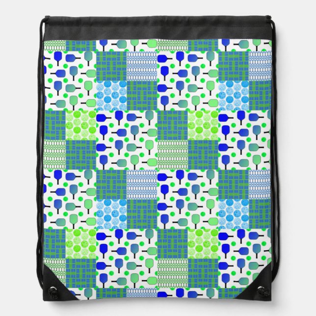 Blue and Green Pickleball Courts, Paddles, & Balls Drawstring Bag (Front)