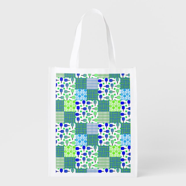 Blue and Green Pickleball Courts, Paddles, & Balls Grocery Bag (Front)