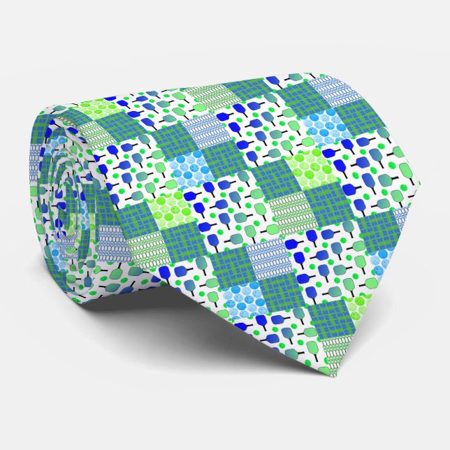 Blue and Green Pickleball Courts, Paddles, & Balls Neck Tie (Rolled)