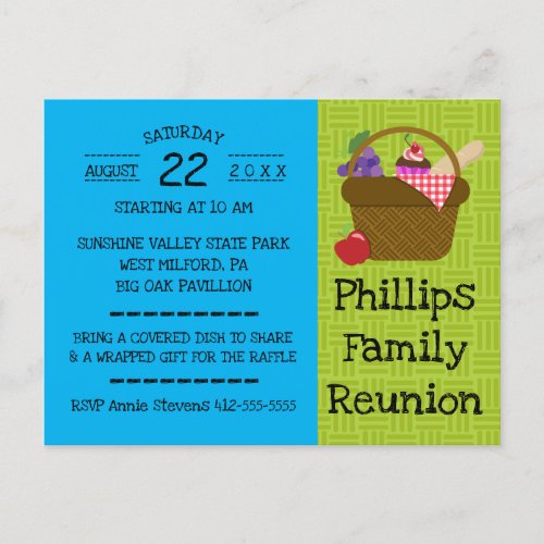 Blue and Green Picnic Basket Family Reunion Invitation Postcard