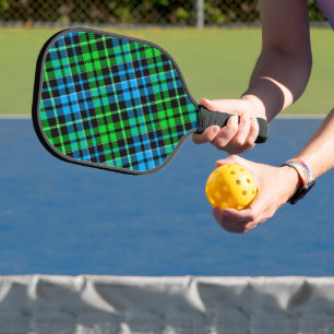 Blue and Green Plaid Tartan Black Pickleball Paddle