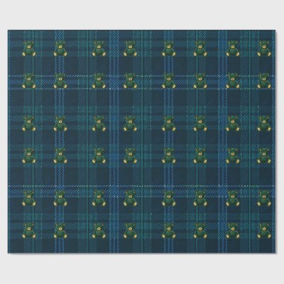 Blue and Green Plaid Teddy Bear Wrapping Paper