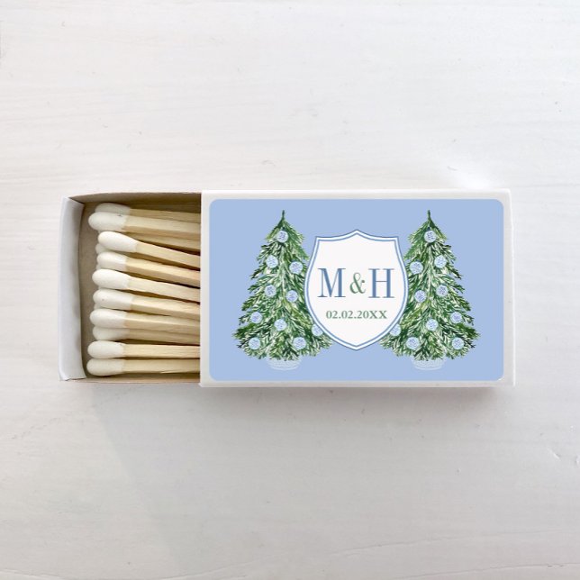 Blue And Green Preppy Christmas Tree Wedding Logo Matchboxes (Wedding matches with blue and white decorated Christmas tree and couples monogram crest)