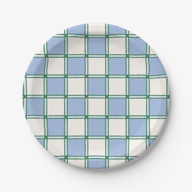 Blue and Green Preppy Painted Checkers/Plaid Paper Plates (Front)